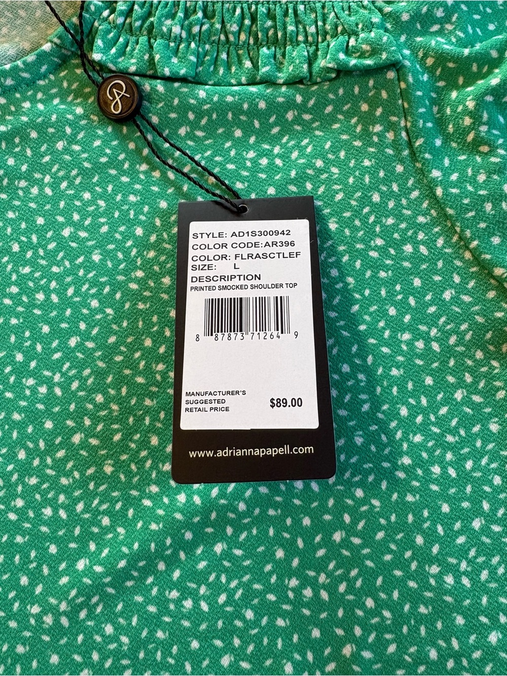 Adrianna Papell NWT Green Flutter Sleeve Blouse Size Large Smocked Shoulder Work - Picture 10 of 15